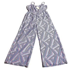 Skies Are Blue Jumpsuit Women’s L Large  Geometric Print Sleeveless Tie Belt NWT